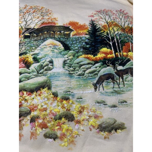VTG 90s Lifestyles Crew Sweatshirt AOP Fall Scene Deer All Over Print Glitter - Picture 3 of 5